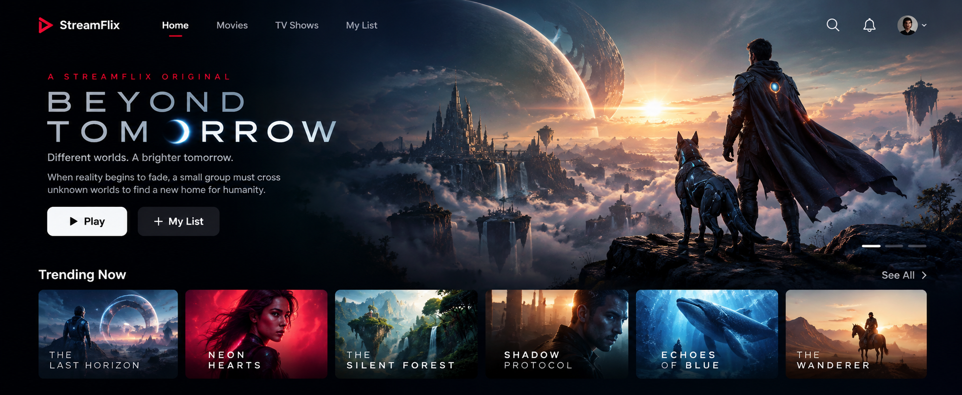 StreamFlix streaming platform home screen preview